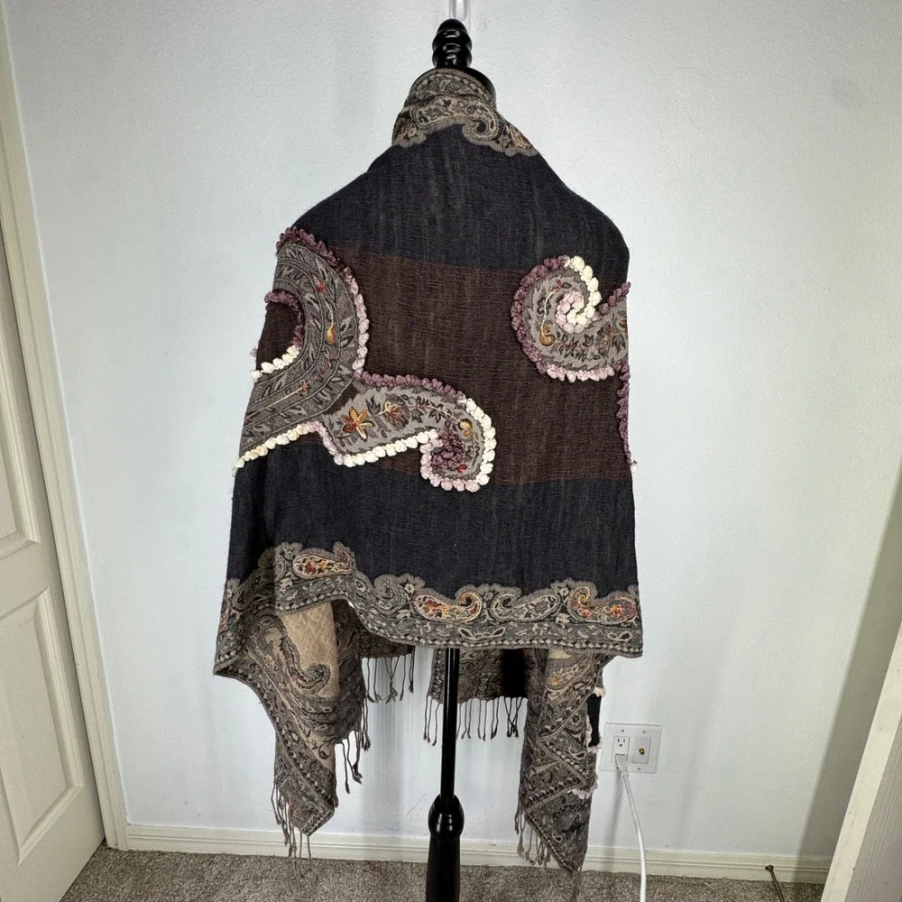 Boho Paisley Popcorn Textured Fringe Wrap Shawl Scarf Charcoal Brown Pink Gypsy